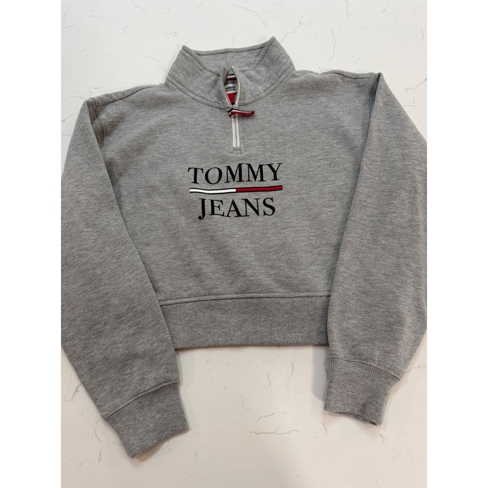 Tommy Jeans Womens Quarter Zip Cropped Sweatshirt Gray Fleece Pullover Medium - Picture 1 of 6
